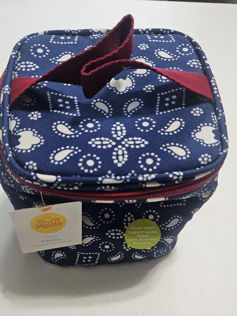 Navy Paisley Insulated Lunch Bag with Red Handle